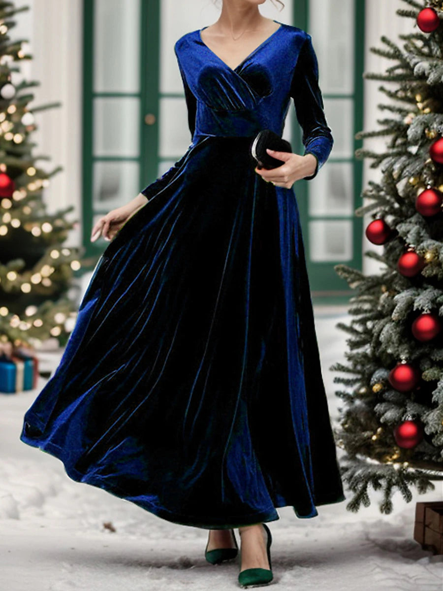 Women's Velvet Dress Prom Dress Party Dress Velvet Ruched V Neck Long Sleeve Christmas Vacation Black Wine Winter