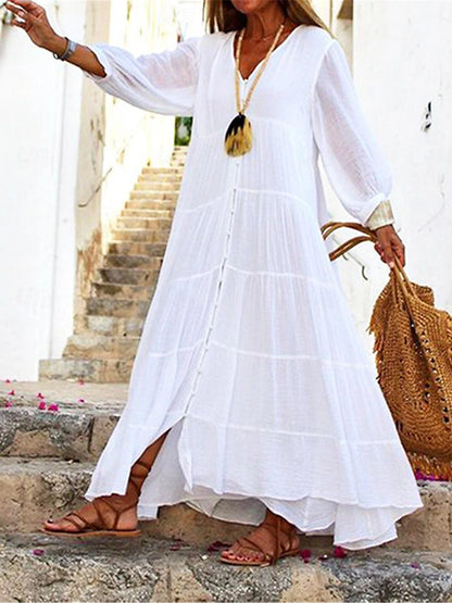 Women's White Dress with Flower Crochet Straw Hat Floral Earrings 4 PCS Shirt Dress Casual Dress Maxi long Dress Ruffle Button Basic Daily V Neck 3/4 Length Sleeve Summer Spring Vacation Beach Dress