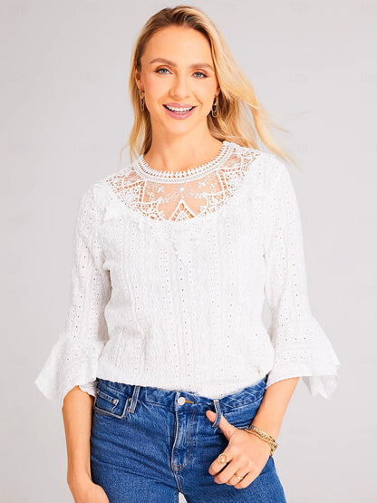 Women's Shirt Blouse Plain Contrast Lace Embroidered Eyelet White Half-Sleeve Elegant Basic Round Neck Summer