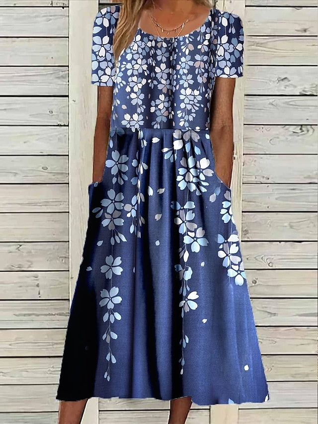 Women's Casual Dress Summer Dress Print Dress Floral Butterfly Pocket Print Crew Neck Midi Dress Fashion Streetwear Outdoor Daily Short Sleeve Loose Fit Black White Royal Blue Summer Spring S M L XL - LuckyFash™