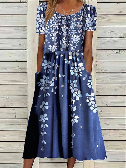 Women's Casual Dress Summer Dress Print Dress Floral Butterfly Pocket Print Crew Neck Midi Dress Fashion Streetwear Outdoor Daily Short Sleeve Loose Fit Black White Royal Blue Summer Spring S M L XL - LuckyFash™