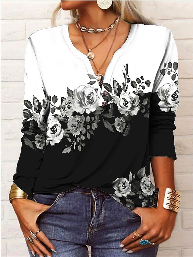 Women's T shirt Tee Floral Holiday Weekend Button Print Black Long Sleeve Daily Basic V Neck Fall & Winter