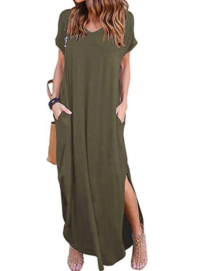 Women's T Shirt Dress Tee Dress Long Dress Maxi Dress Wine Red Green Black Short Sleeve Pure Color Pocket Spring Summer V Neck S M L XL 2XL 3XL 4XL 5XL - LuckyFash™