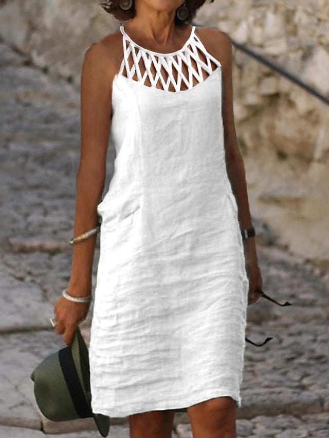 Women's Casual Dress Cotton Linen Dress Shift Dress Mini Dress Cotton Blend Modern Casual Outdoor Daily Vacation Halter Ruched Hollow Out Sleeveless Summer Spring 2023 Regular Fit Black White Blue - LuckyFash™