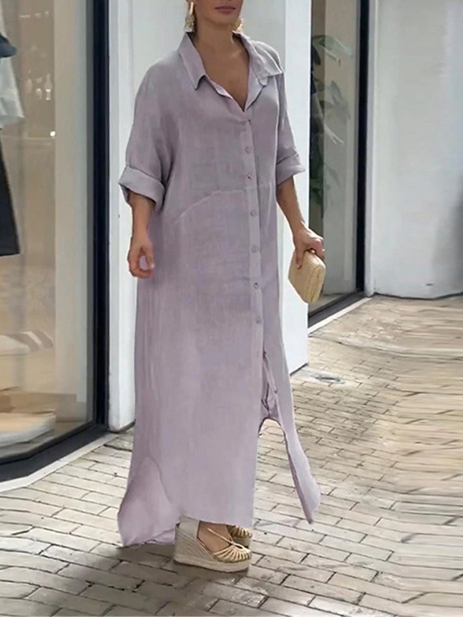 Women's Shirt Dress Casual Dress Cotton Linen Dress Maxi long Dress Button Basic Daily Shirt Collar 3/4 Length Sleeve Summer Spring Gray Plain