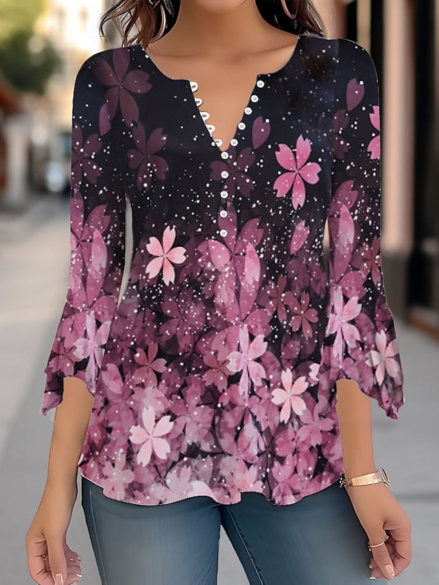 Women's Shirt Blouse Floral Casual Holiday Button Print White 3/4 Length Sleeve Fashion Round Neck Spring &  Fall