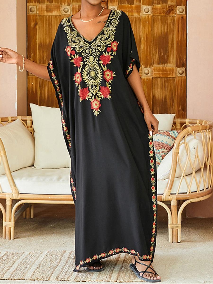 Women's White Dress Summer Dress Cover Up Long Dress Maxi Dress Embroidered Split Vacation Beach Maxi Boho V Neck Half Sleeve Black White Color