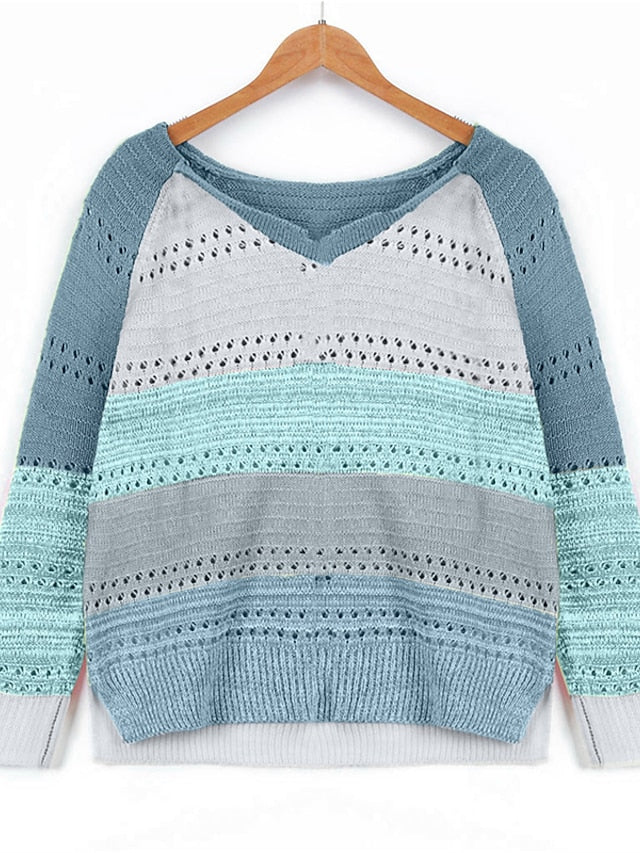 Women's Pullover Sweater jumper Jumper Crochet Knit Knitted Color Block V Neck Stylish Casual Outdoor Daily Winter Fall Green Blue S M L / Long Sleeve / Striped / Regular Fit / Going out - LuckyFash™