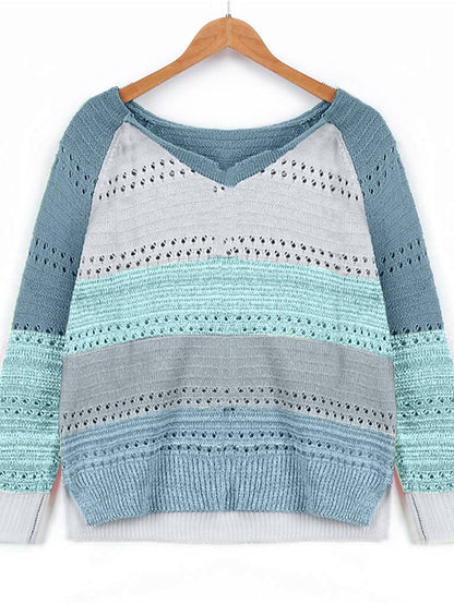 Women's Pullover Sweater jumper Jumper Crochet Knit Knitted Color Block V Neck Stylish Casual Outdoor Daily Winter Fall Green Blue S M L / Long Sleeve / Striped / Regular Fit / Going out - LuckyFash™