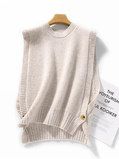 Women's Sweater Vest Crew Neck Ribbed Knit Cotton Spandex Yarns Button Oversized Summer Fall Outdoor Daily Going out Stylish Casual Soft Sleeveless Solid Color Brown Khaki Beige One-Size