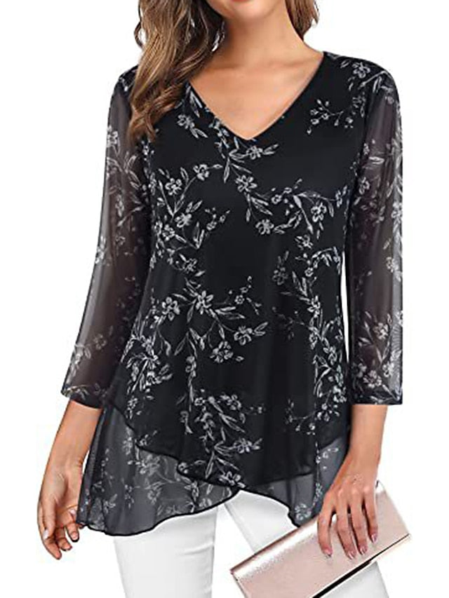 Women's Shirt Blouse Floral Graphic Casual Print Asymmetric Black Long Sleeve Daily Basic V Neck Fall & Winter