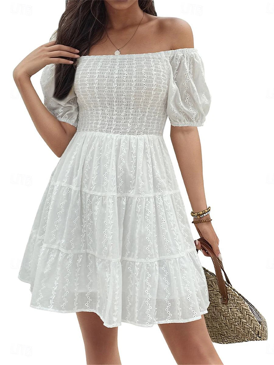 Women's White Dress Casual Dress A Line Dress Mini Dress Cotton Backless Date Vacation Streetwear A Line Off Shoulder Short Sleeve White Color