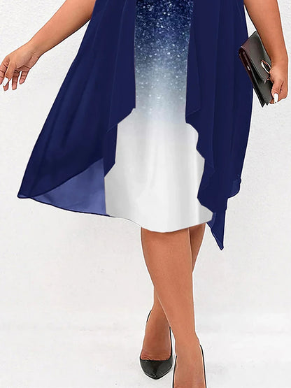 Women‘s Plus Size Curve Party Dress Sequin Dress Cocktail Dress Gradient Midi Dress Half Sleeve Patchwork Fake two piece Crew Neck Party Blue Fall Winter Wedding Guest Dress