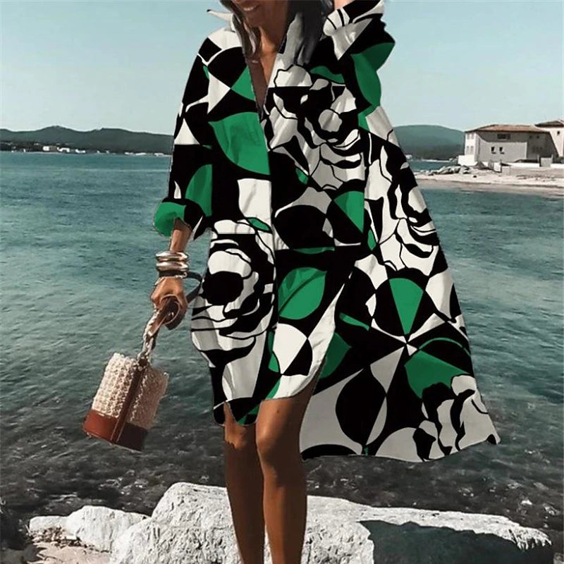 Women's Shirt Dress Shift Dress Swing Dress Midi Dress Outdoor Winter Dress Holiday Polyester Vacation Stylish Shirt Collar Button High Low dress Long Sleeve Summer Spring Fall 2023 Loose Fit Black