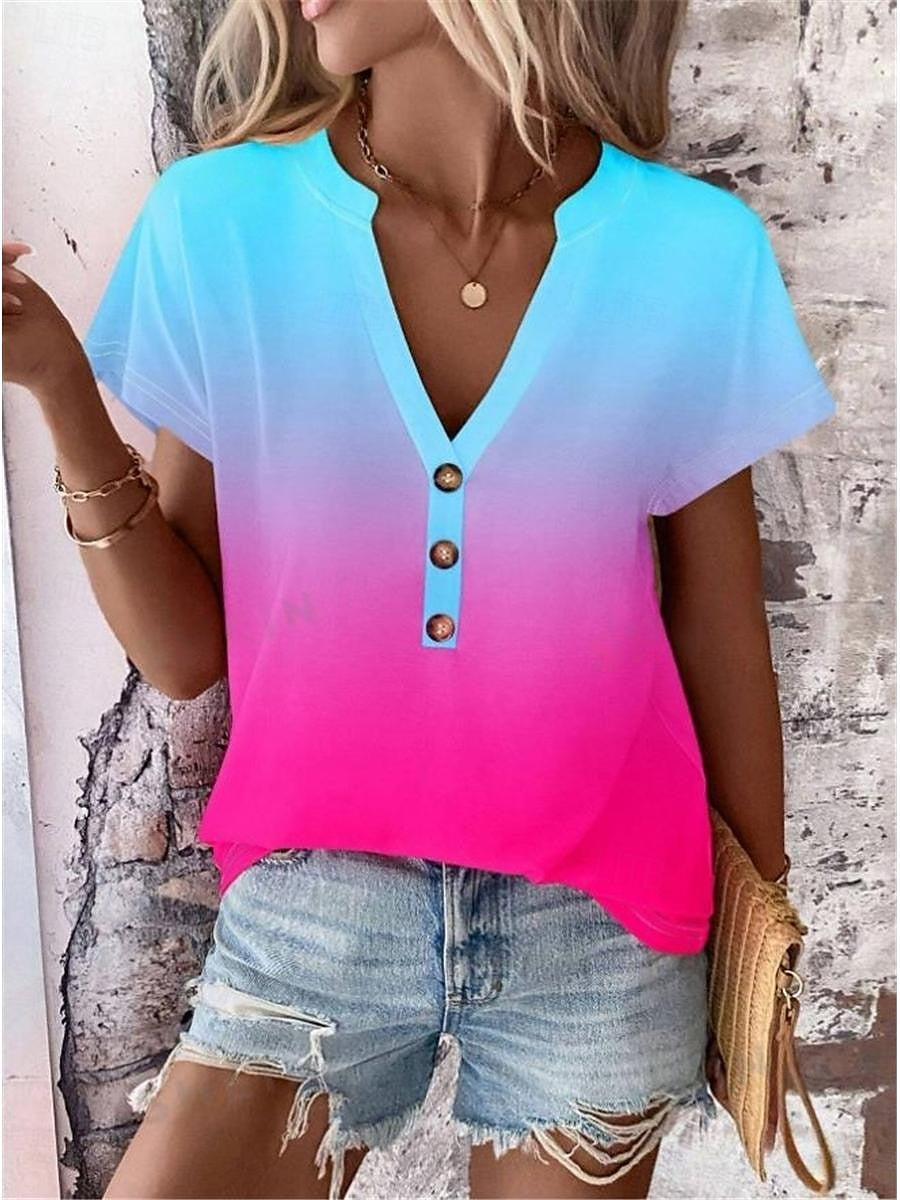 Women's T shirt Tee Ombre Color Gradient Daily Going out Print Yellow Short Sleeve Stylish V Neck Summer