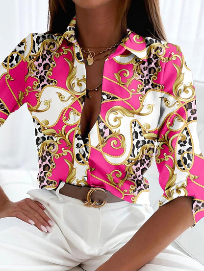 Women's Shirt Blouse Leopard Casual Button Print Pink Long Sleeve Basic Shirt Collar Spring Fall