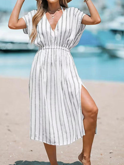 Women's White Dress Split Print V Neck Midi Dress Daily Date Short Sleeve Summer