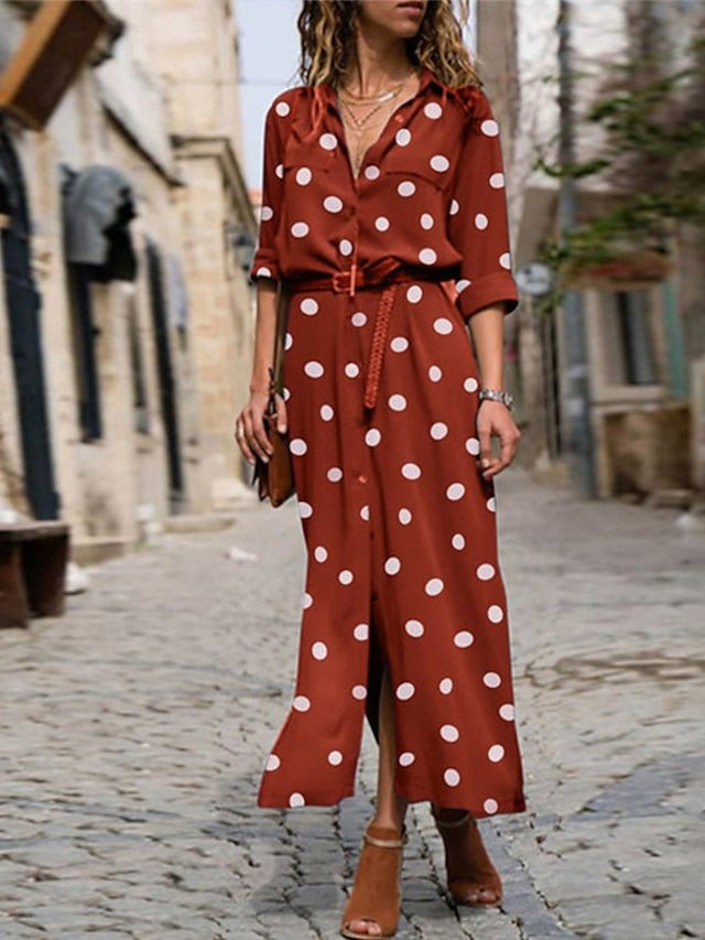 Women's Shirt Dress Maxi long Dress Winter Dress Daily Date Polyester Fashion Elegant Shirt Collar Print Long Sleeve Summer Spring Fall 2022 Regular Fit Black Army Green Red Polka Dot Round Dots S M