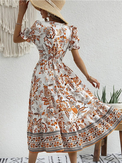 Women's Casual Dress Summer Dress Print Dress Floral Ruched Print V Neck Puff Sleeve Midi Dress Active Fashion Outdoor Street Short Sleeve Loose Fit Black Red Blue Summer Spring S M L XL XXL - LuckyFash™