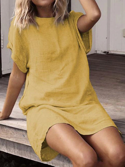 Women's Shirt Dress Cotton Summer Dress Mini Dress Linen Slim Basic Daily Crew Neck Short Sleeve Summer Spring Black Yellow Pure Color