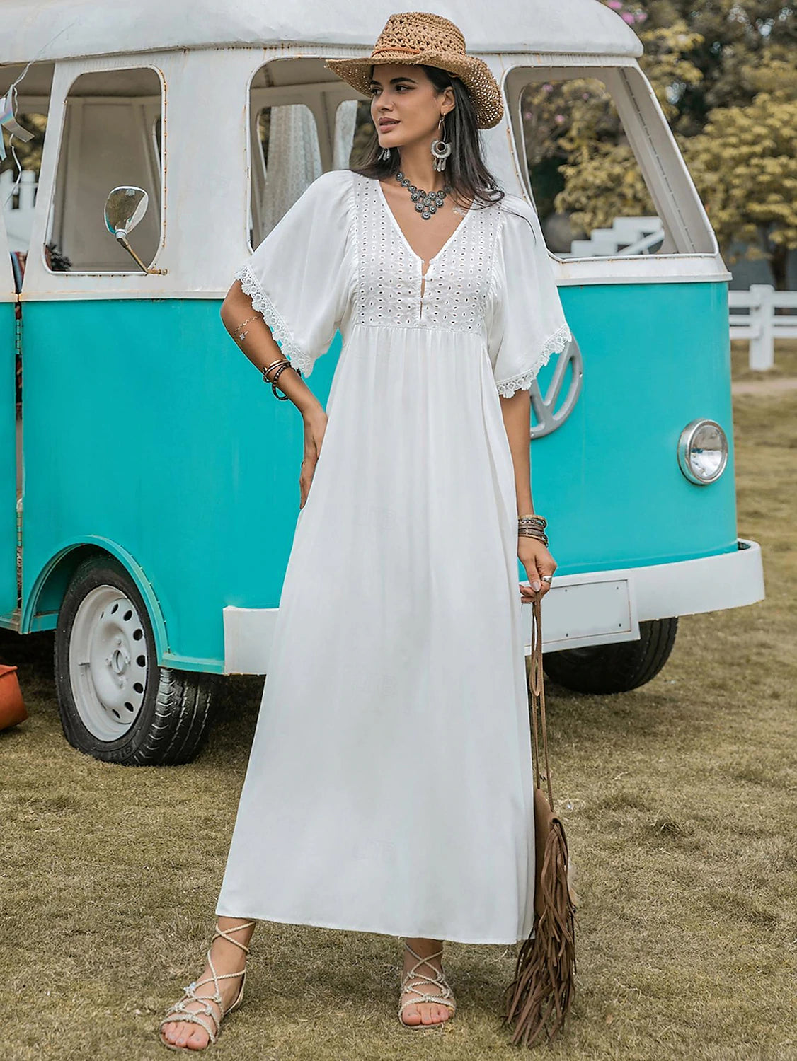 Women's White Dress Maxi Dress Lace Eyelet Bohemia Solid Vacation V Neck Short Sleeve Summer White Plain