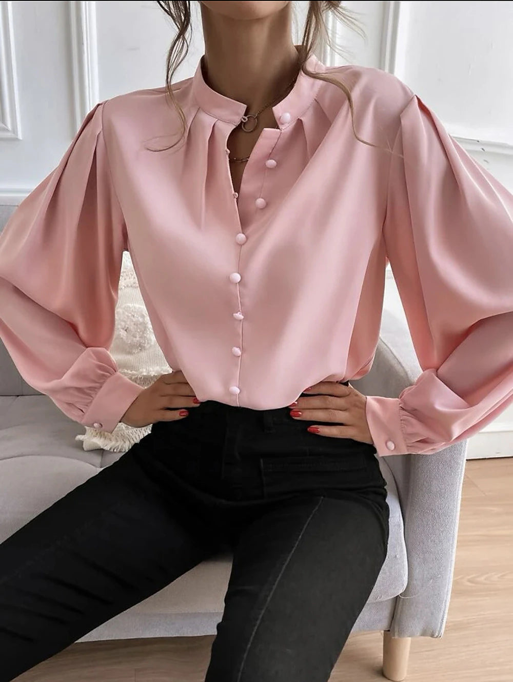 Women's Shirt Lantern Sleeve Blouse Plain Work Button Black Long Sleeve Daily Standing Collar Spring &  Fall