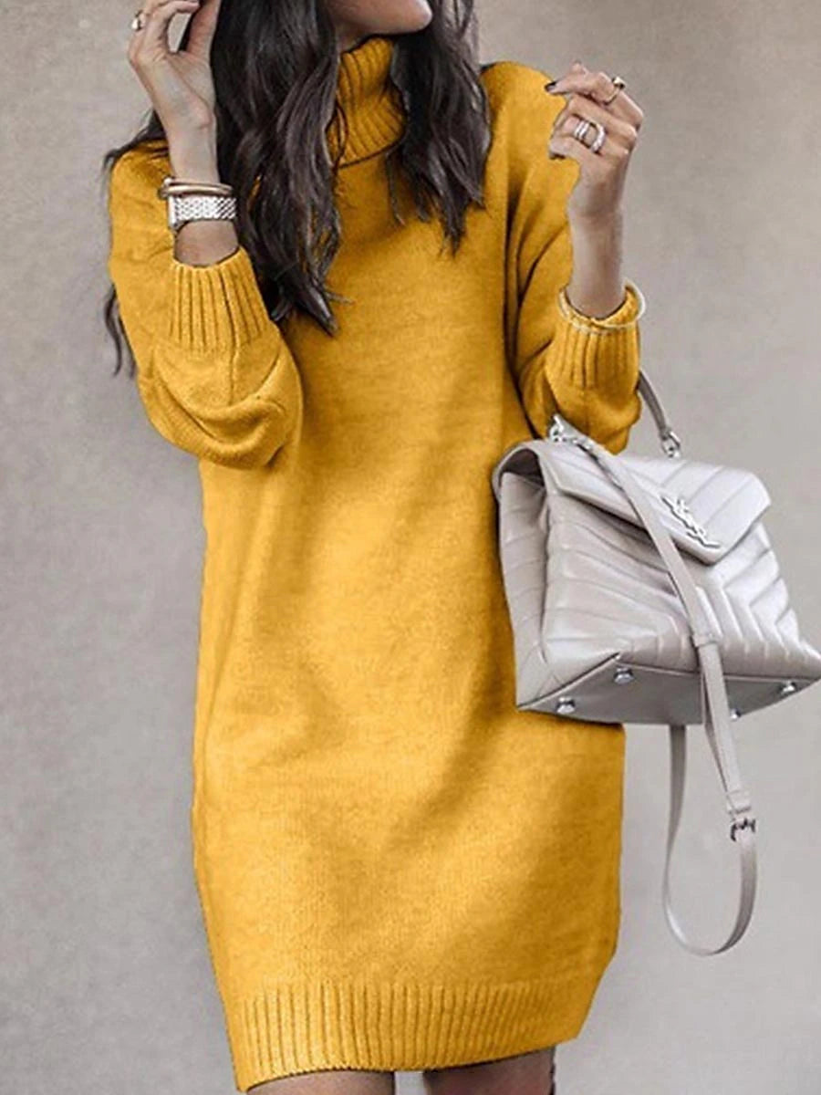 Women's Sweater Dress Turtleneck Ribbed Knit Acrylic Knitted Fall Winter Long Outdoor Daily Going out Stylish Casual Soft Long Sleeve Solid Color White Yellow Pink S M L