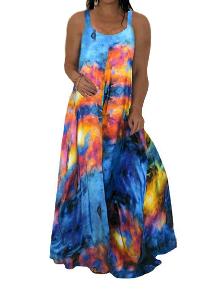 Women‘s Plus Size Curve Casual Dress Slip Dress Tie Dye Long Dress Maxi Dress Sleeveless Backless Print Strap Fashion Daily Yellow Pink Spring Summer L XL XXL 3XL 4XL