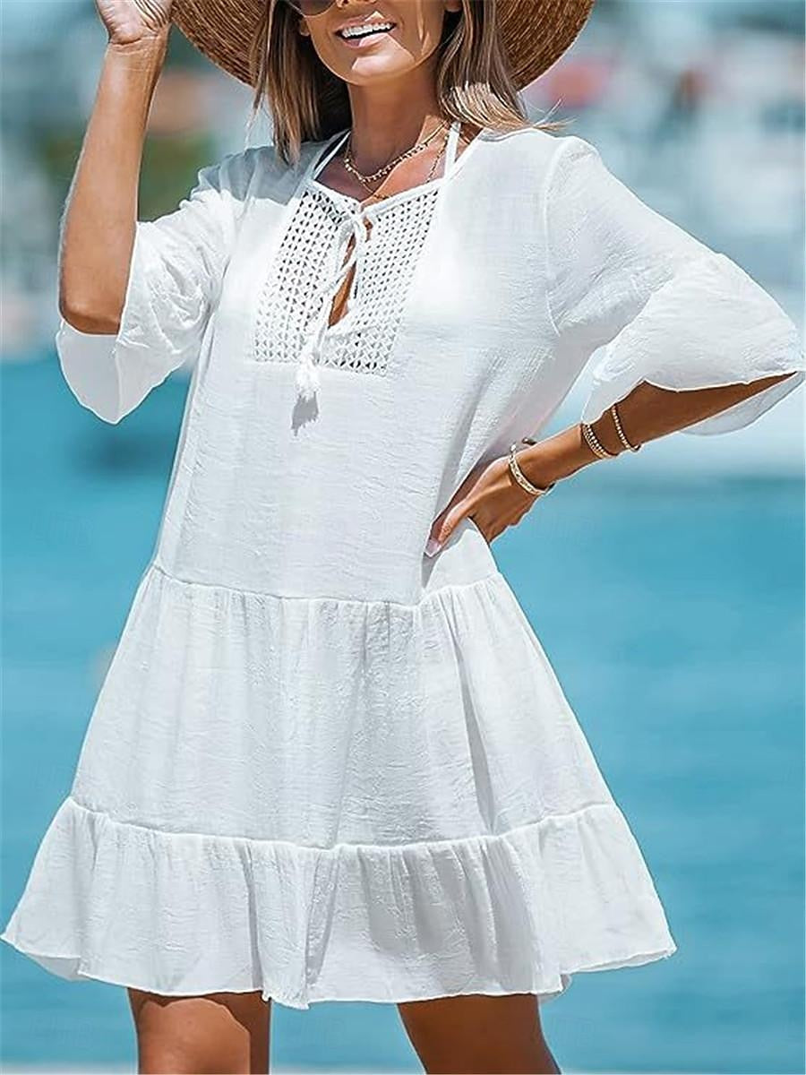 Women's White Dress Casual Dress Summer Dress Mini Dress Ruffle Vacation Beach Basic Crew Neck Half Sleeve White Color