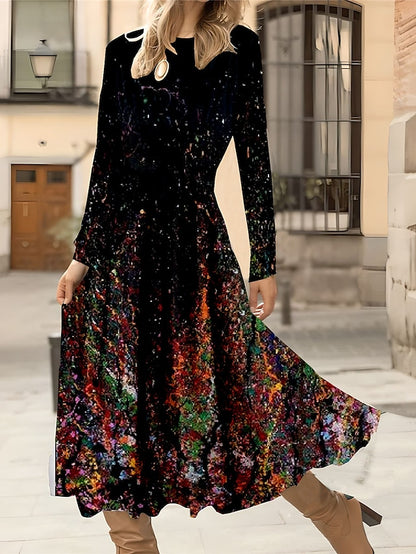 Women's Winter Dress A Line Dress Floral Print Crew Neck Midi Dress Daily Vacation Long Sleeve Fall Winter