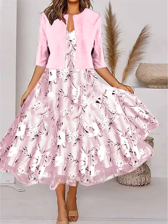 Women's Two Piece Dress Set Casual Dress Chiffon Dress Outdoor Daily Fashion Elegant Print Midi Dress V Neck Half Sleeve Floral Regular Fit Black Pink Gray Summer Spring S M L XL XXL - LuckyFash™