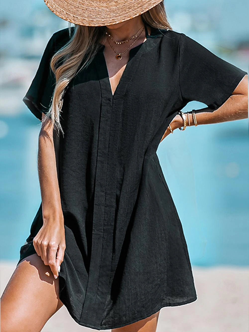 Women's White Dress Casual Dress Summer Dress Mini Dress Ruched Vacation Beach Basic V Neck Short Sleeve Black White Color