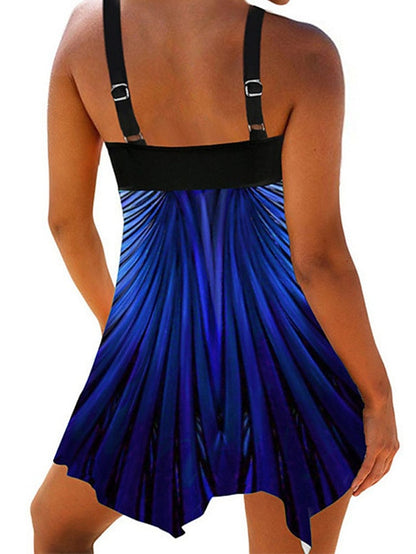 Women's Swimwear Swim Dress 2 Piece Plus Size Swimsuit 2 Piece Modest Swimwear Open Back Printing Stripes / Ripples Burgundy Navy Blue Blue Green Camisole Strap Bathing Suits New Vacation Fashion - LuckyFash™