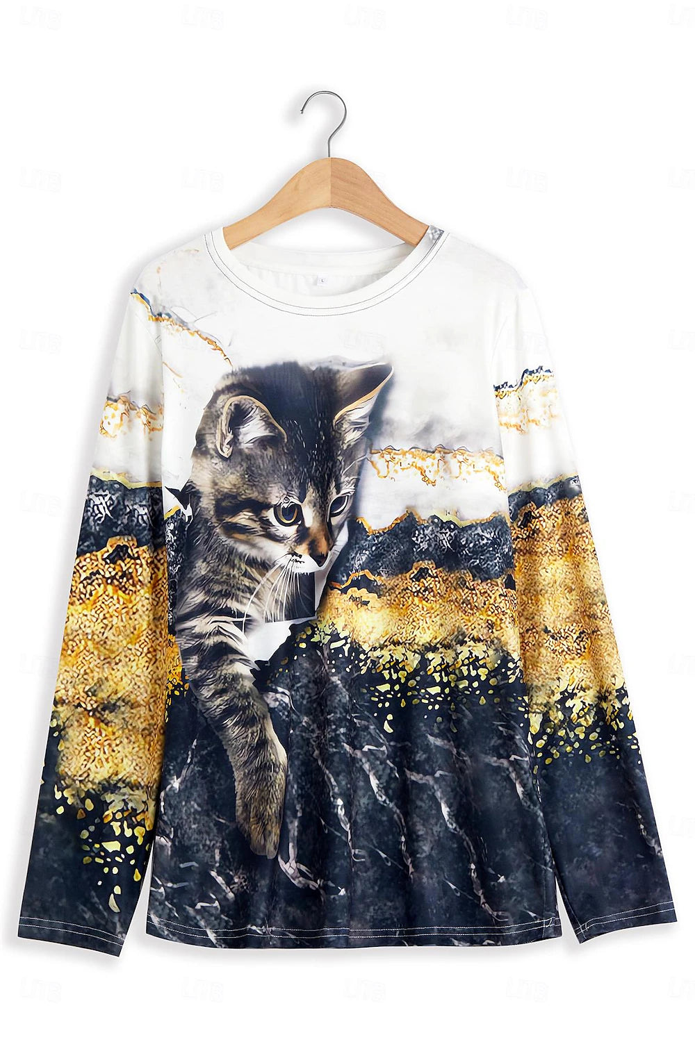 Women's T shirt Tee Cat 3D Daily Weekend Print Yellow Long Sleeve Fashion Funny Round Neck Spring &  Fall