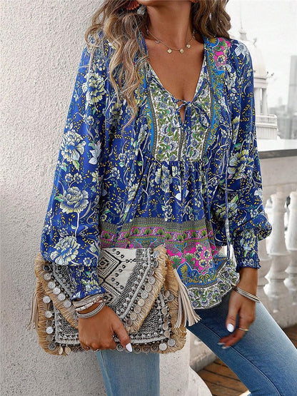 Women's Shirt Blouse Floral Vacation Beach Lace up Print Pink Long Sleeve Casual Boho V Neck Summer