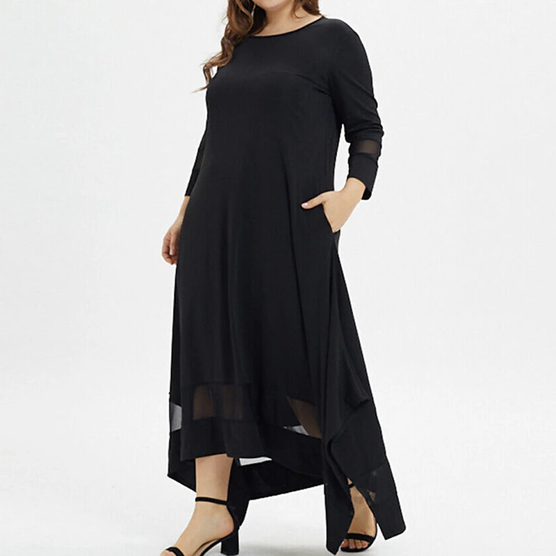 Women‘s Plus Size Curve Casual Dress Pure Color Crew Neck 3/4 Length Sleeve Spring Fall Casual Maxi long Dress Daily Vacation Dress Black Dress