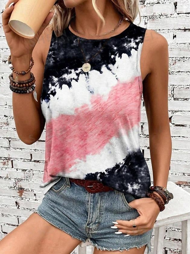 Women's Tank Top Tie Dye Vest Black Sleeveless Crew Neck Casual Vacation Stylish Summer