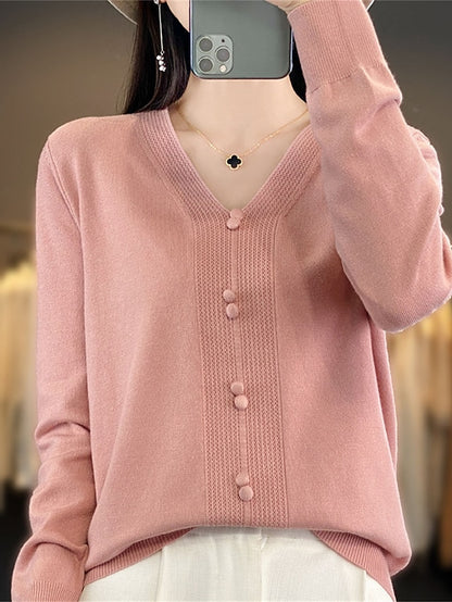 Women's Pullover Sweater Jumper V Neck Ribbed Knit Cotton Button Fall Winter Short Daily Going out Weekend Stylish Casual Soft Long Sleeve Solid Color Golden camel GH purple GH camel S M L