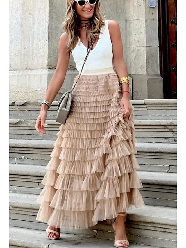 Women's Trumpet / Mermaid Long Skirt Maxi Polyester Black White Pink Khaki Skirts Ruffle Summer Vacation Beach M L XL - LuckyFash™