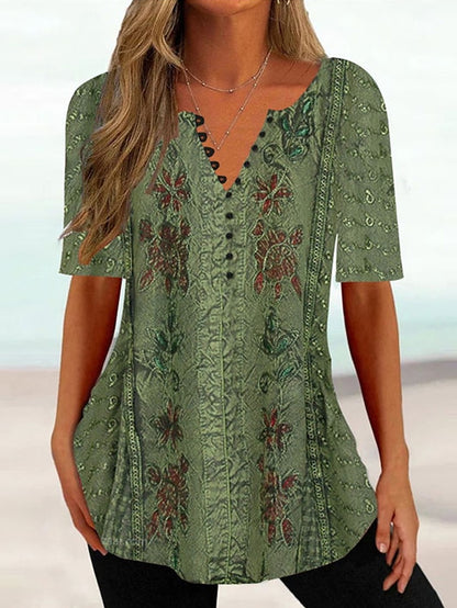 Women's T shirt Tee Henley Shirt Floral Holiday Weekend Button Print Grass Green Short Sleeve Tunic Basic Round Neck