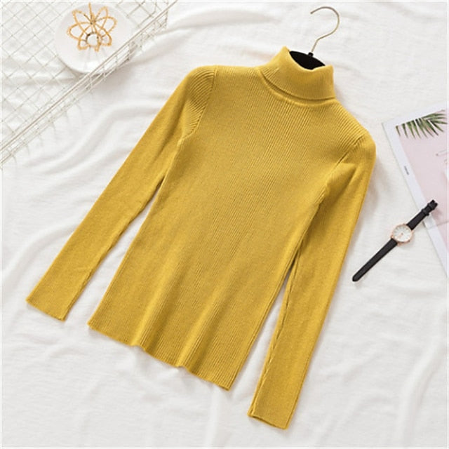 Women's Pullover Sweater Jumper Turtleneck Ribbed Knit Spandex Knitted Thin Fall Winter Daily Basic Casual Long Sleeve Solid Color caramel Black White One-Size 2XL / 3XL S / M