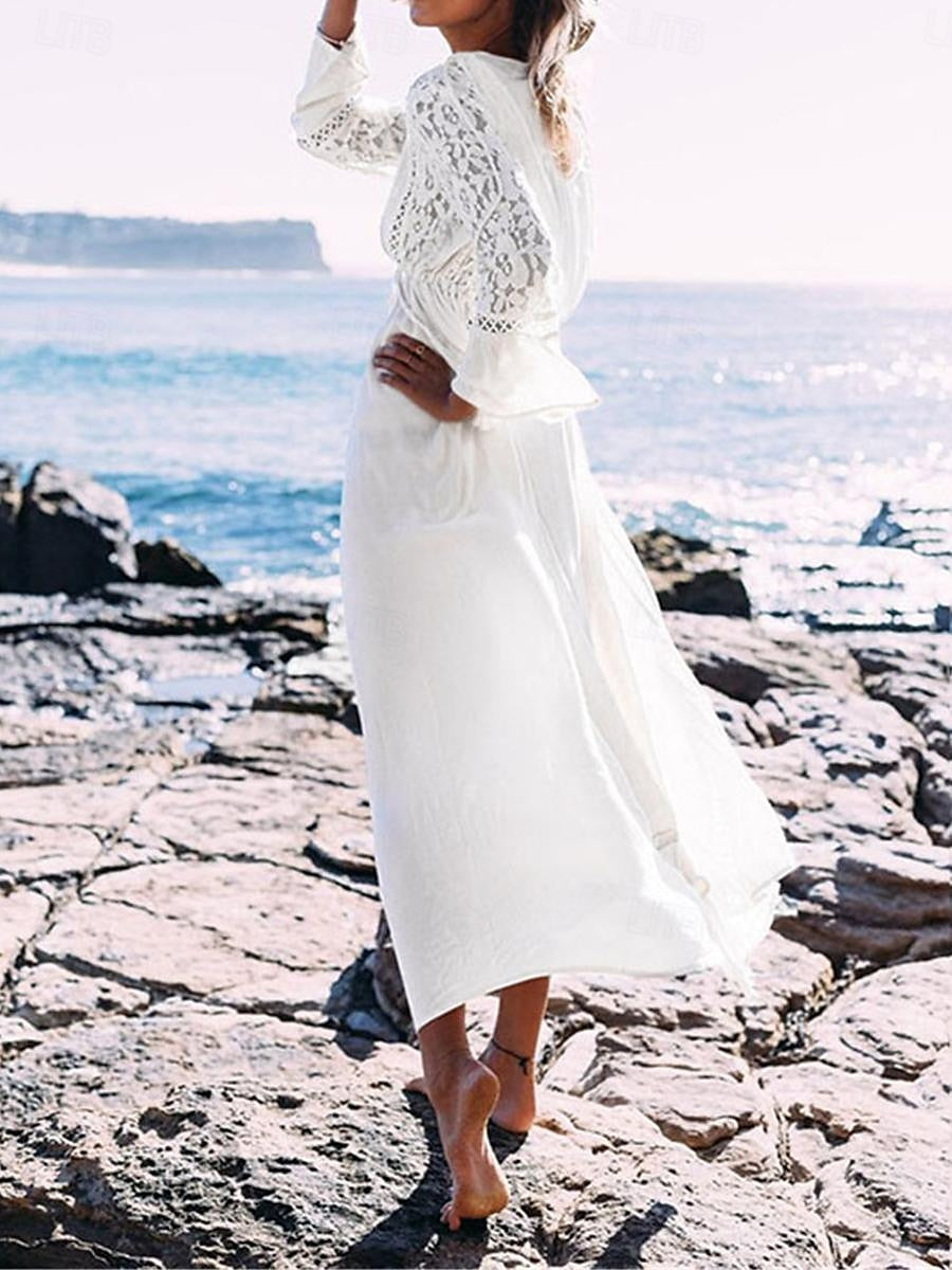 Women's White Dress Casual Dress Swing Dress Long Dress Maxi Dress Lace Patchwork Vacation Beach Streetwear Maxi V Neck 3/4 Length Sleeve Black White Color