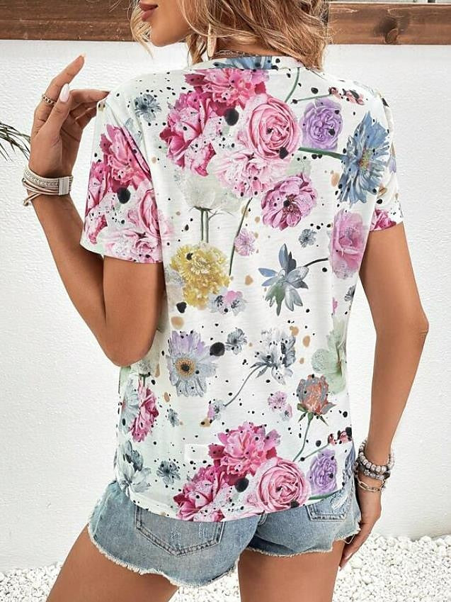 Women's T shirt Tee Floral Casual Holiday Print Black Short Sleeve Fashion Round Neck Summer