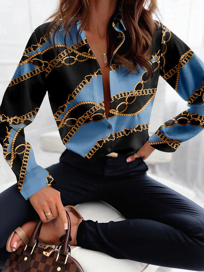 Women's Shirt Blouse Chains Print Casual Button Print Yellow Long Sleeve Fashion Shirt Collar Spring &  Fall