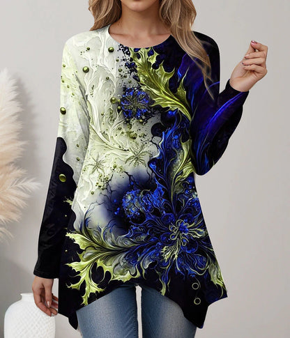 Women's T shirt Tee Floral Holiday Weekend Print Flowing tunic Royal Blue Long Sleeve Fashion Round Neck Spring &  Fall