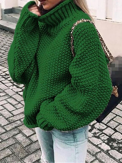 Women's Pullover Sweater Jumper Turtleneck Ribbed Knit Polyester Oversized Fall Winter Regular Daily Going out Weekend Stylish Casual Soft Long Sleeve Solid Color Black Pink Green S M L