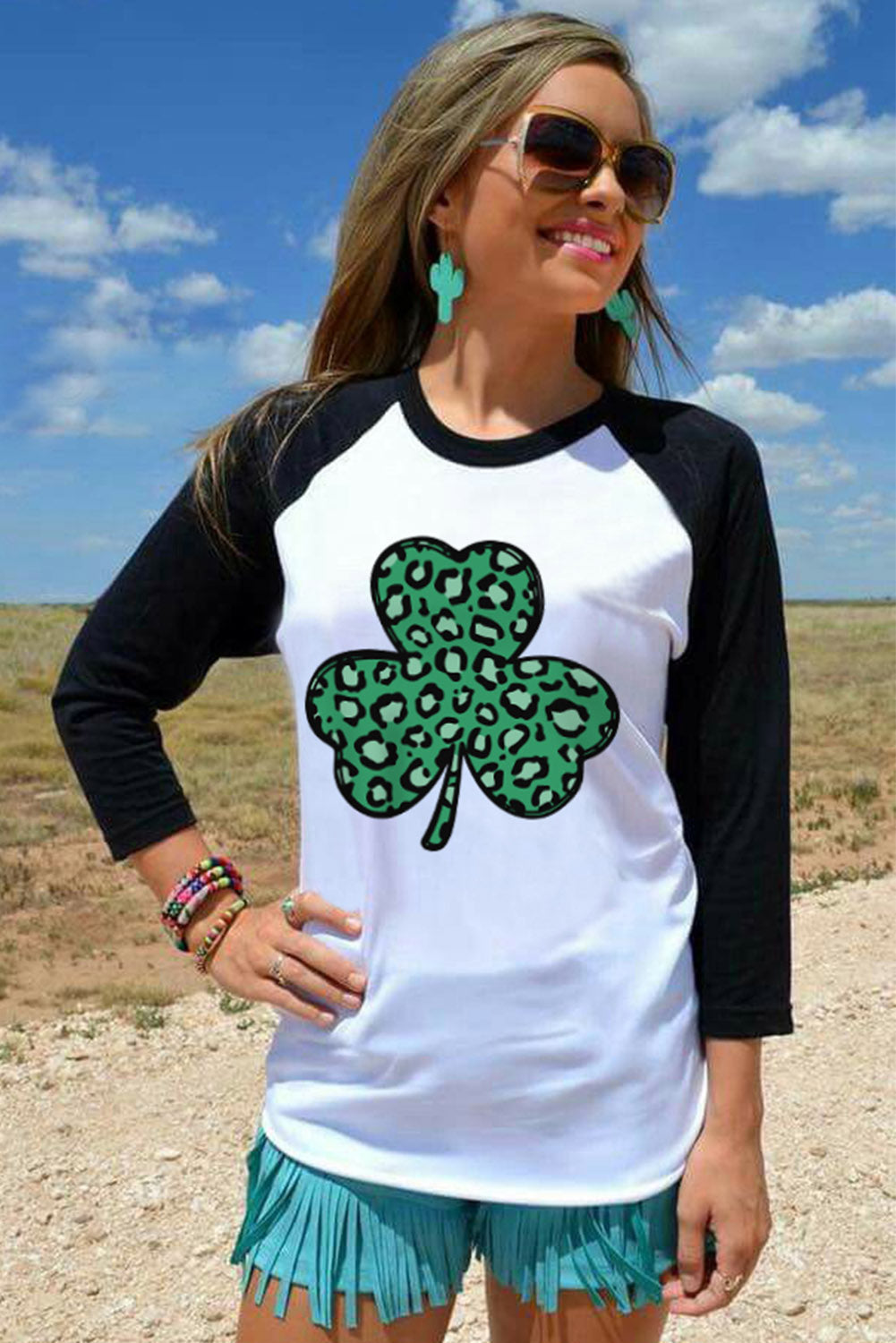 Black Leopard Spotted Clover St Patrick Graphic Long Sleeve Tee