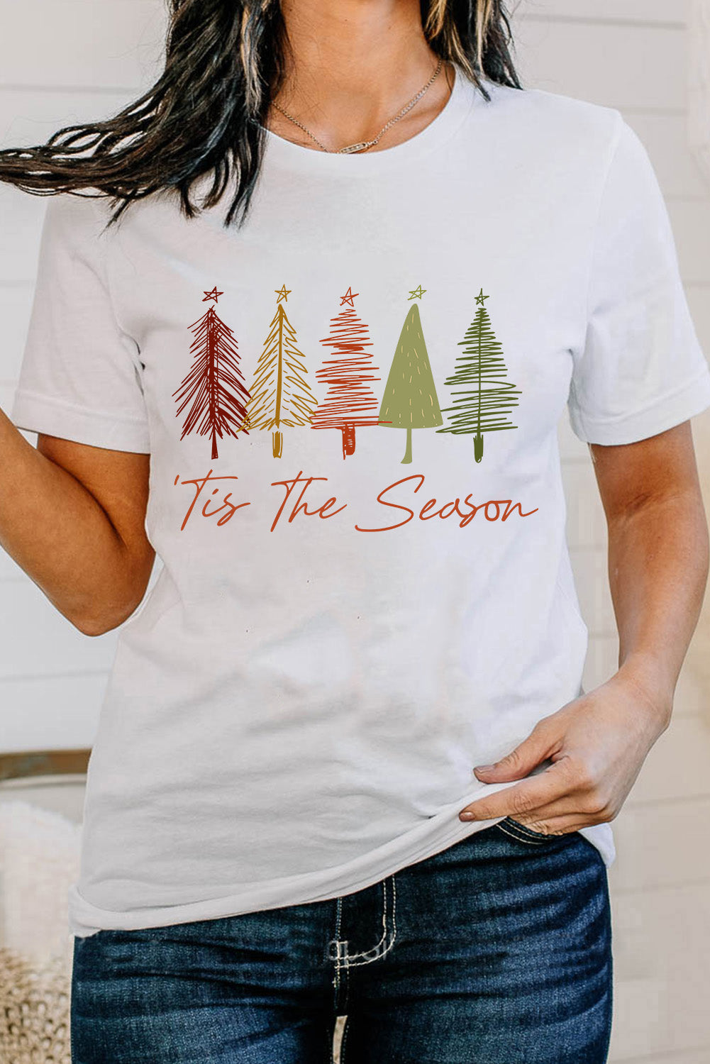 White Cute Christmas Trees Print Crew Neck T Shirt