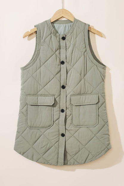 Grass Green Quilted Long Vest Jacket with Pockets