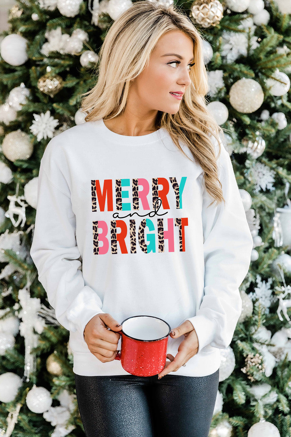 White MERRY and BRIGHT Leopard Print Pullover Sweatshirt